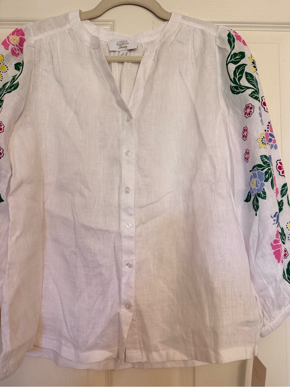 Charter Club White Button-Front Linen Top with Floral Embroidered Sleeves